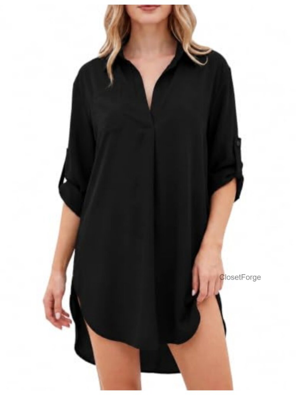 Swimsuit Cover Up Women V Neck 3/4 Sleeve Button Down Beach Shirt Dress